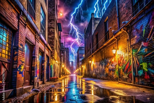 Urban Exploration Photography: Lightning Storm Night Cityscape - Dramatic Light, Dark Alley, Graffiti Art