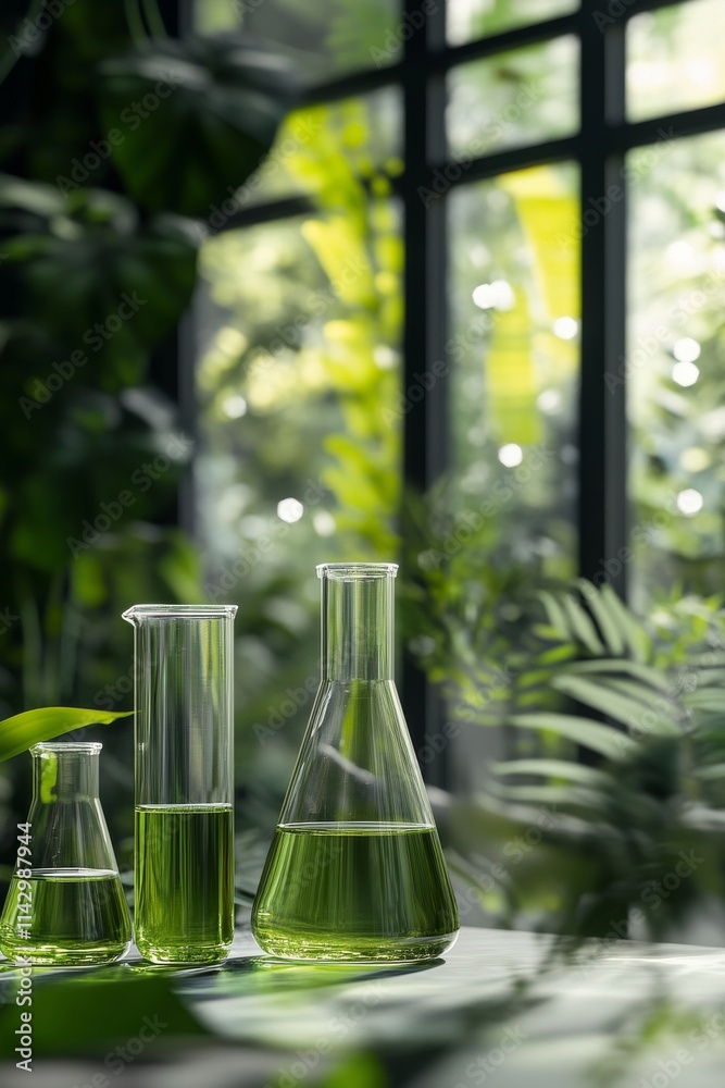 Experiments with green liquids in glass containers in a lush indoor garden Experiments with green liquids in glass containers in a lush indoor garden