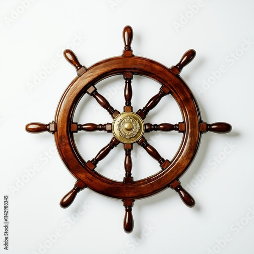 Elegant wooden ship's wheel decorative piece for nautical themes and marine decor photo