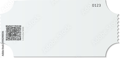 Generic white ticket with qr code and number on white background, isolated with clipping path, is waiting to be used for any event or occasion