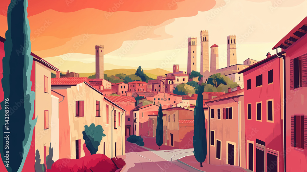 Obraz premium Illustration, Cityscape of San Gimignano in Italy, touristic advertisement poster. Famous touristic must-see spot in Italy. Promotional touristic poster. Town with medieval towers.