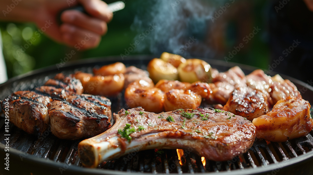 Man Grilling Meat on a Barbecue with Juicy Steaks and Vegetables Outdoors
Man Grilling Meat on a Barbecue with Juicy Steaks and Vegetables Outdoors
