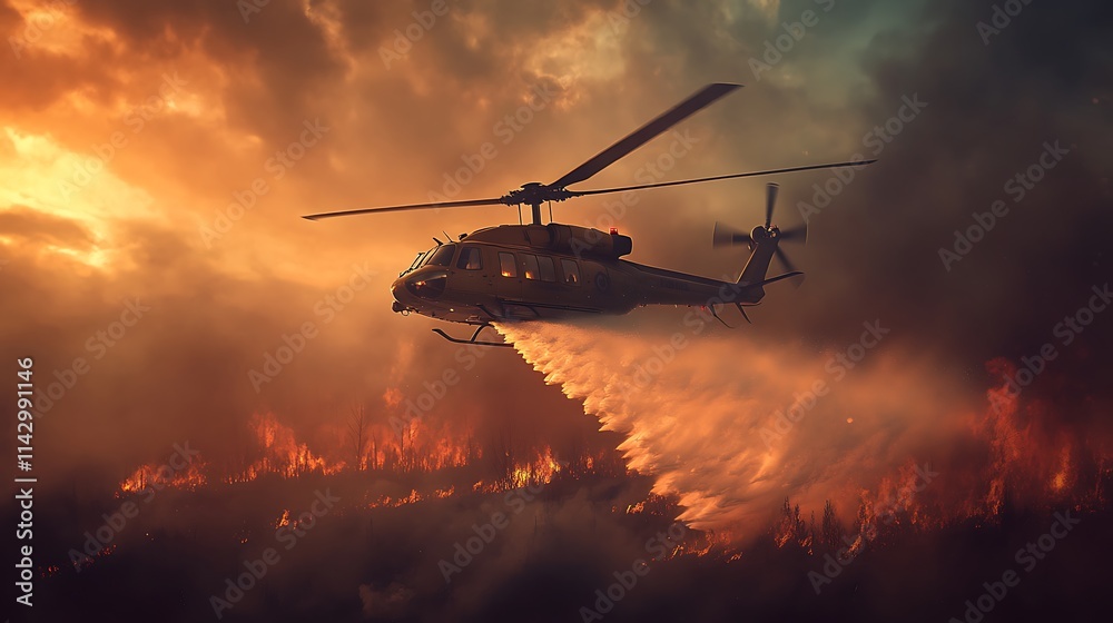 Fototapeta premium Helicopter firefighting a raging wildfire at sunset
