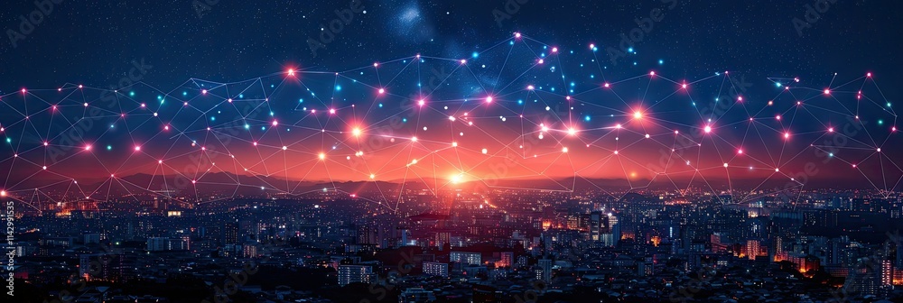 Obraz premium A digital network overlaying a cityscape at sunset, symbolizing connectivity and technology.