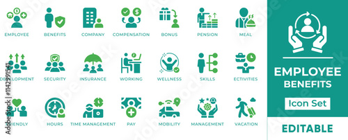 Employee Benefits Icon Set. Features editable icons for employee benefits, compensation, wellness, work-life balance, etc. Perfect for HR departments, businesses, and employee engagement initiatives.