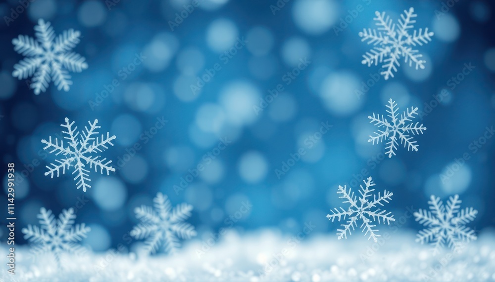 Winter scene illustration. White snowflakes float in blue background. Abstract design with soft focus. Ideal for Christmas New Year cards decorations. Festive winter theme. Beautiful winter Winter scene illustration. White snowflakes float in blue background. Abstract design with soft focus. Ideal for Christmas New Year cards decorations. Festive winter theme. Beautiful winter