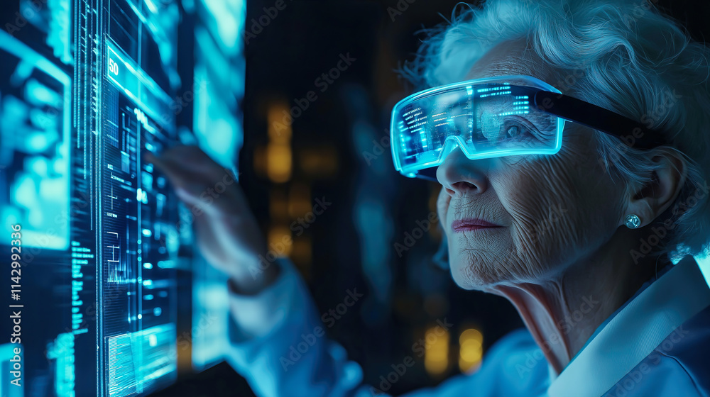 An elderly woman engages with futuristic technology. The concept of how technology bridges generational gaps and enhances accessibility for all ages. Generative AI. An elderly woman engages with futuristic technology. The concept of how technology bridges generational gaps and enhances accessibility for all ages. Generative AI.