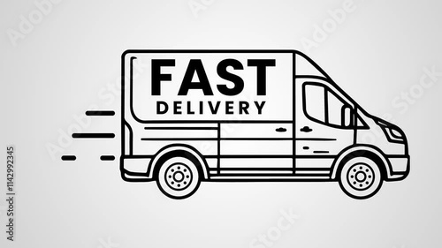 Animated fast delivery van black outline icon. Express Delivery service. Transportation. Vehicle in motion. Seamless loop 4K HD video on a grey background. Motion graphic design.