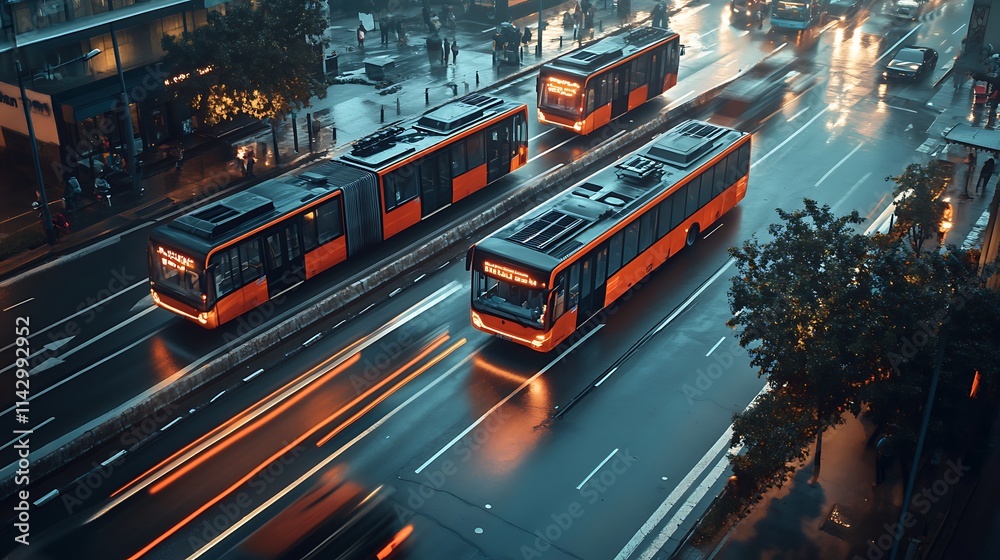 Night Cityscape: Three orange buses drive on a rain-slick street at night, light trails streaking behind cars, a mesmerizing urban scene. Night Cityscape: Three orange buses drive on a rain-slick street at night, light trails streaking behind cars, a mesmerizing urban scene.