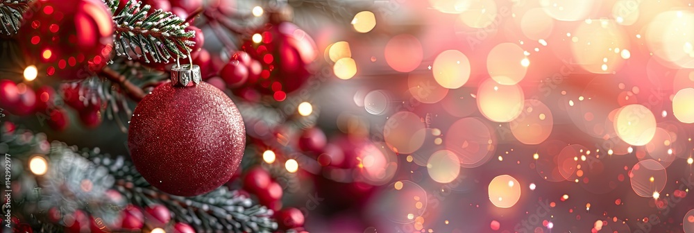 A festive arrangement featuring red ornaments and sparkling lights, evoking holiday cheer. A festive arrangement featuring red ornaments and sparkling lights, evoking holiday cheer.