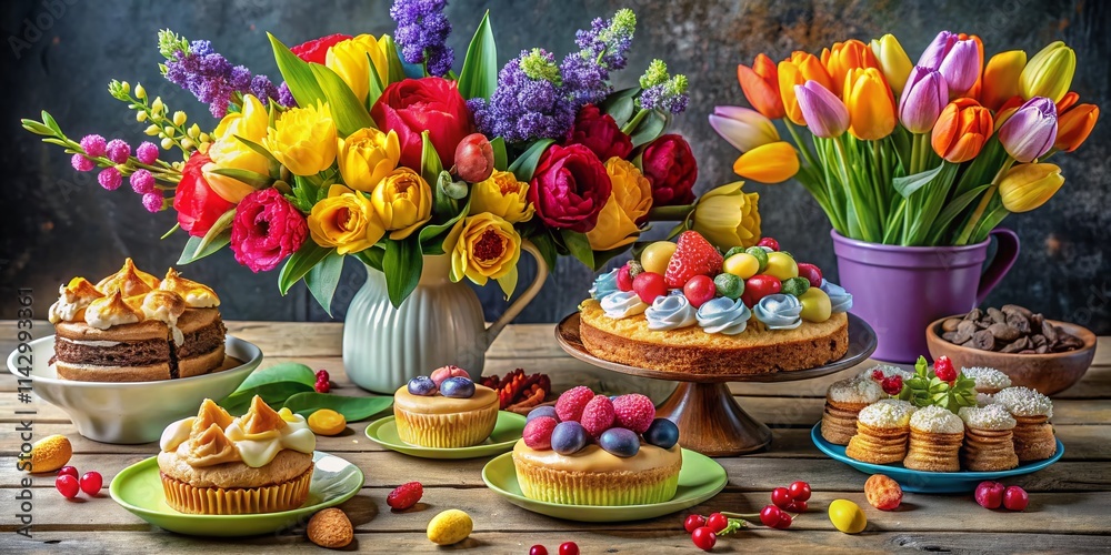 Fototapeta premium Vibrant Spring Bouquet Food Photography: Colorful Flowers & Delicious Treats