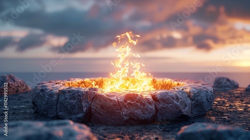 Stone Fire Pit with Flames in Desert Landscape