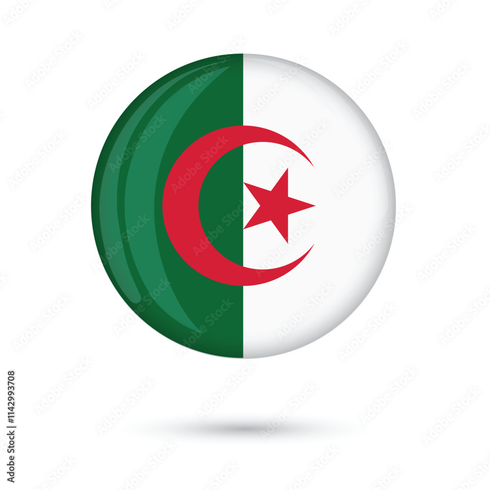Algeria National official flag button round glossy shiny 3D badge vector illustration isolated on white background for Independence Day 5 July, flyer poster brochure, social media and online purposes Algeria National official flag button round glossy shiny 3D badge vector illustration isolated on white background for Independence Day 5 July, flyer poster brochure, social media and online purposes