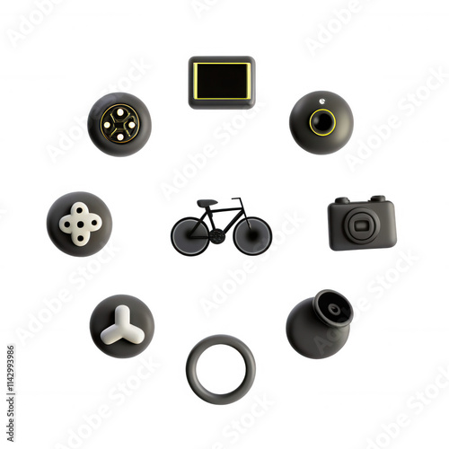 A circular display featuring various 3D models including a bicycle, camera, and decorative shapes in a modern design. photo