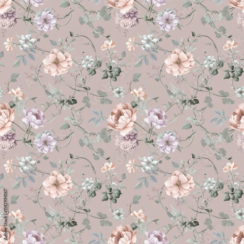 Seamless floral patterns with pink and purple flowers representing delicate beauty against a light background