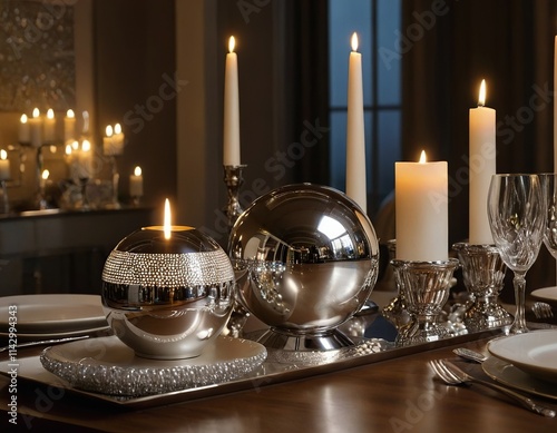 Elegant table setting with silver decor and soft candlelight for a sophisticated dining experience. photo