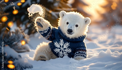 Adorable Polar Bear Cub in a Festive Sweater Plays in the Snow