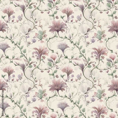 Seamless elegant floral patterns with a serene mood representing vintage charm against a light background