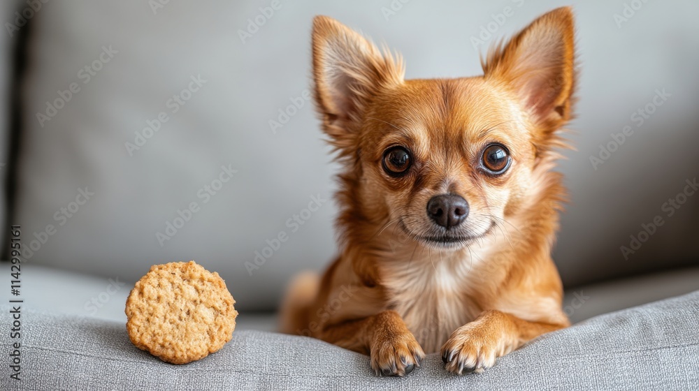 Professional photo of a alert Chihuahua on grey couch