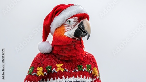 Festive red macaw parrot wearing a Santa hat and Christmas sweater against a white background. photo