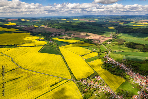 Obraz na płótnie Top view of rapeseed fields. Yellow rapeseed field with stripes and abstract landscape. Germany. w salonie