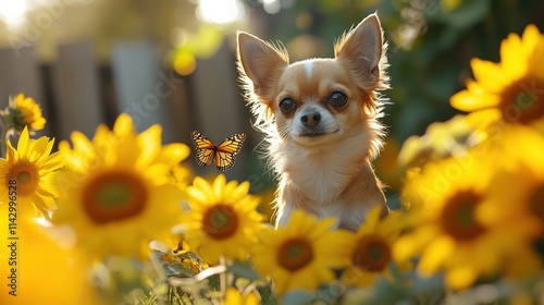 Playful Chihuahua chasing butterfly in sunflowerfilled garden setting photo