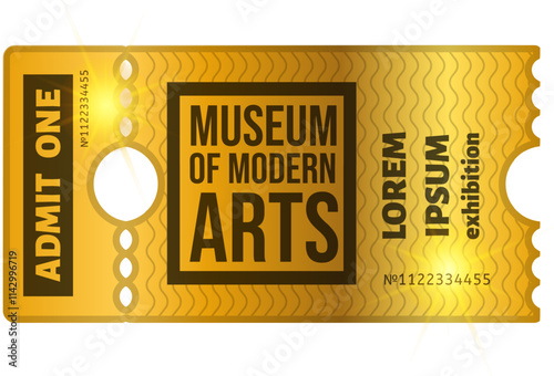 Golden ticket for Museum of Modern Arts exhibition with admit one text and serial number on wavy textured background representing access and invitation