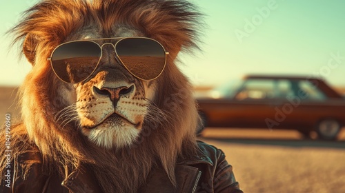 A lion, sporting stylish sunglasses and a leather jacket, stands beside an old classic car in a vast desert landscape as the sun sets. Generative AI photo