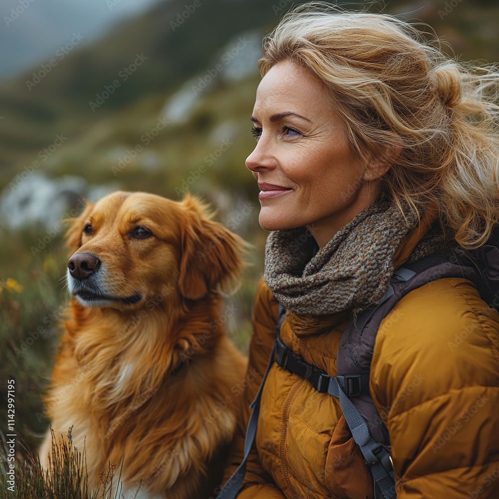 Middle-aged woman on an outdoor hike with her dog, enjoying nature on a sunny day, standing at a scenic overlook with a breathtaking view. Middle-aged woman on an outdoor hike with her dog, enjoying nature on a sunny day, standing at a scenic overlook with a breathtaking view.