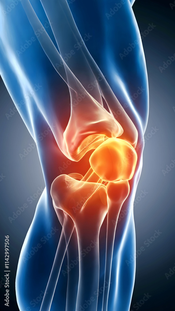 3D Rendering of a Human Knee Joint with Highlighted Pain and Inflammation 3D Rendering of a Human Knee Joint with Highlighted Pain and Inflammation