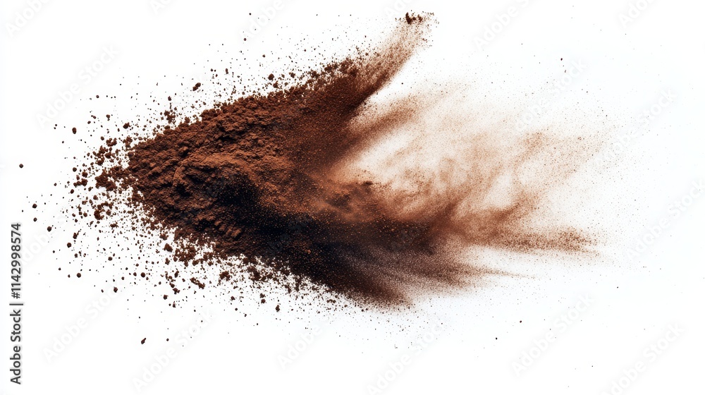 Fine brown powder explodes against a white background, creating a vibrant cloud of color reminiscent of the vibrant hues of Holi paint. Fine brown powder explodes against a white background, creating a vibrant cloud of color reminiscent of the vibrant hues of Holi paint.