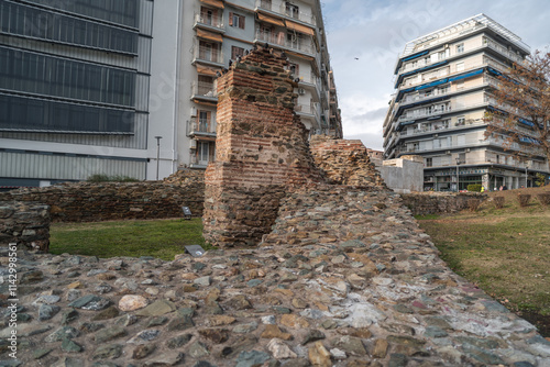 Thessaloniki City Wall with Resting Pigeons photo