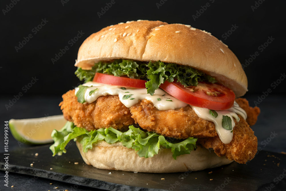 A delicious fried chicken sandwich topped with fresh lettuce, tomatoes, and creamy sauce, served on a sesame seed bun against a dark background. A delicious fried chicken sandwich topped with fresh lettuce, tomatoes, and creamy sauce, served on a sesame seed bun against a dark background.