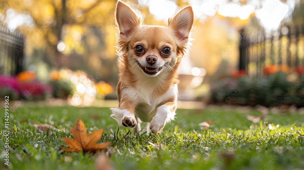 Fototapeta premium Playful Chihuahua chasing leaf in vibrant city park scene
