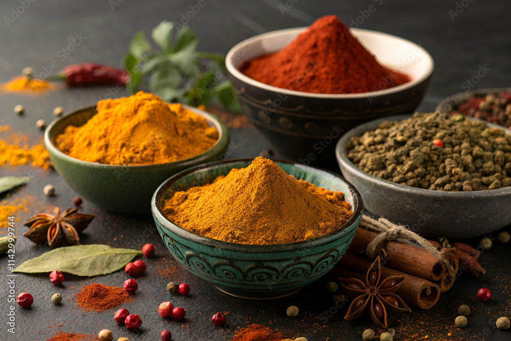 A vibrant display of colorful spices in bowls, showcasing various textures and hues, perfect for enhancing culinary creations. A vibrant display of colorful spices in bowls, showcasing various textures and hues, perfect for enhancing culinary creations.