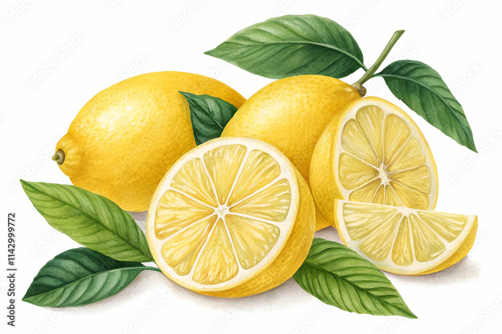 Fresh lemons with green leaves, showcasing whole and sliced fruit, perfect for culinary use or as a decorative element.