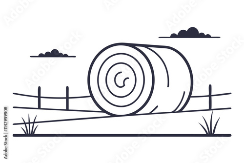 Round Hay Bale Vector Drawing in Serene Farm Environment