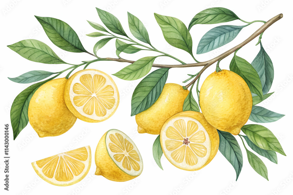 A vibrant illustration of fresh lemons on a branch, showcasing both whole and sliced fruit with lush green leaves. A vibrant illustration of fresh lemons on a branch, showcasing both whole and sliced fruit with lush green leaves.