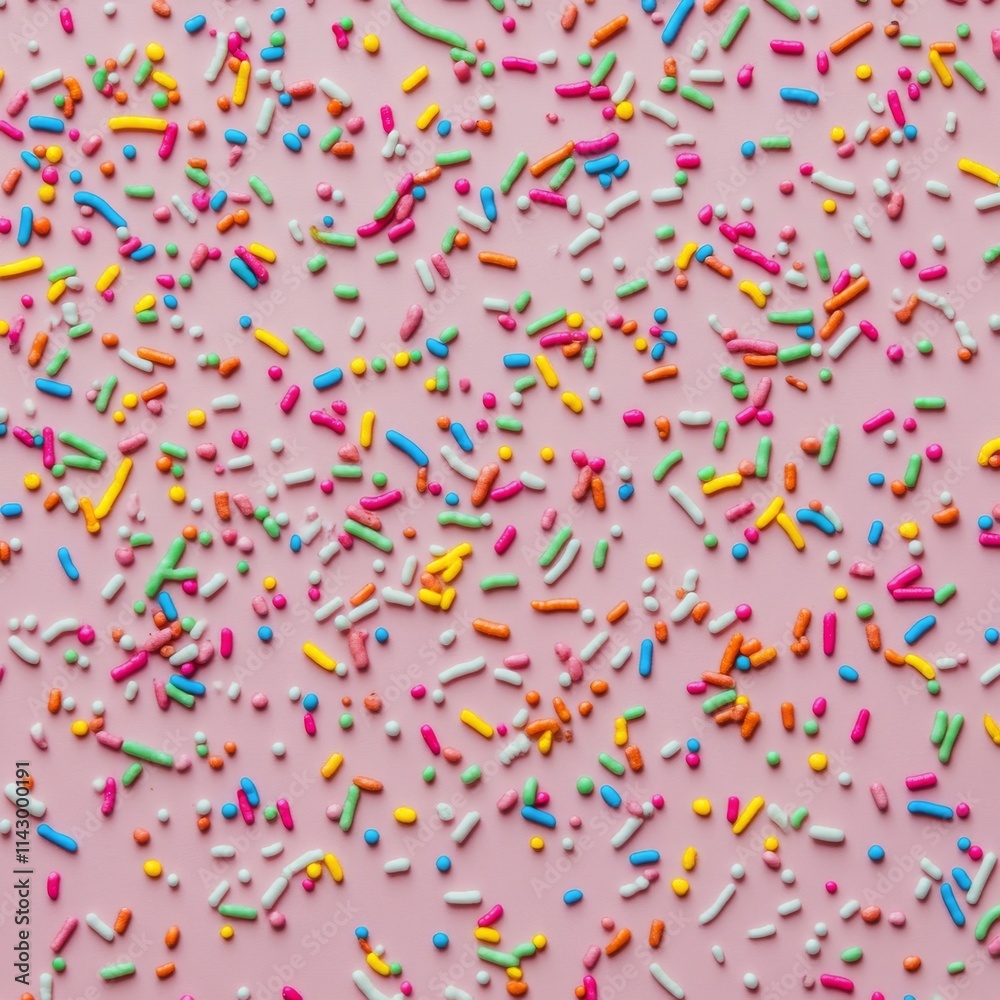 Colorful sprinkles scattered over a pink background creating a festive and fun atmosphere Colorful sprinkles scattered over a pink background creating a festive and fun atmosphere