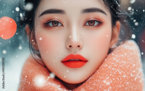 A chic Chinese woman with radiant highlighter, soft coral lipstick, and shimmering eye makeup, framed by a snowy holiday street