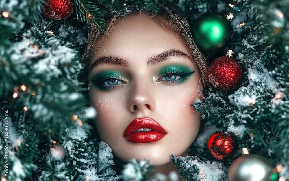 A chic woman with bold emerald green eyeshadow, subtle highlighter, and glossy red lips, framed by twinkling ornaments and snowy greenery A chic woman with bold emerald green eyeshadow, subtle highlighter, and glossy red lips, framed by twinkling ornaments and snowy greenery