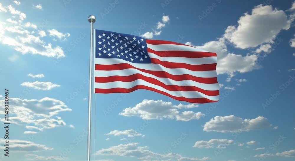 American flag waving against a clear blue sky with white fluffy clouds American flag waving against a clear blue sky with white fluffy clouds