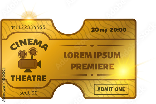 Golden cinema ticket for a movie premiere showing date, time, seat and number, with a vintage video camera and light flares on a white background