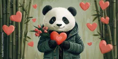 Panda in a warm jacket stands amidst bamboo, joyfully holding a heart and flowers, celebrating love with colorful hearts in the background. Generative AI photo