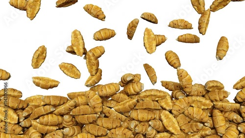 Full frame of falling croissants on white background. 3d rendering animation with luma matte
