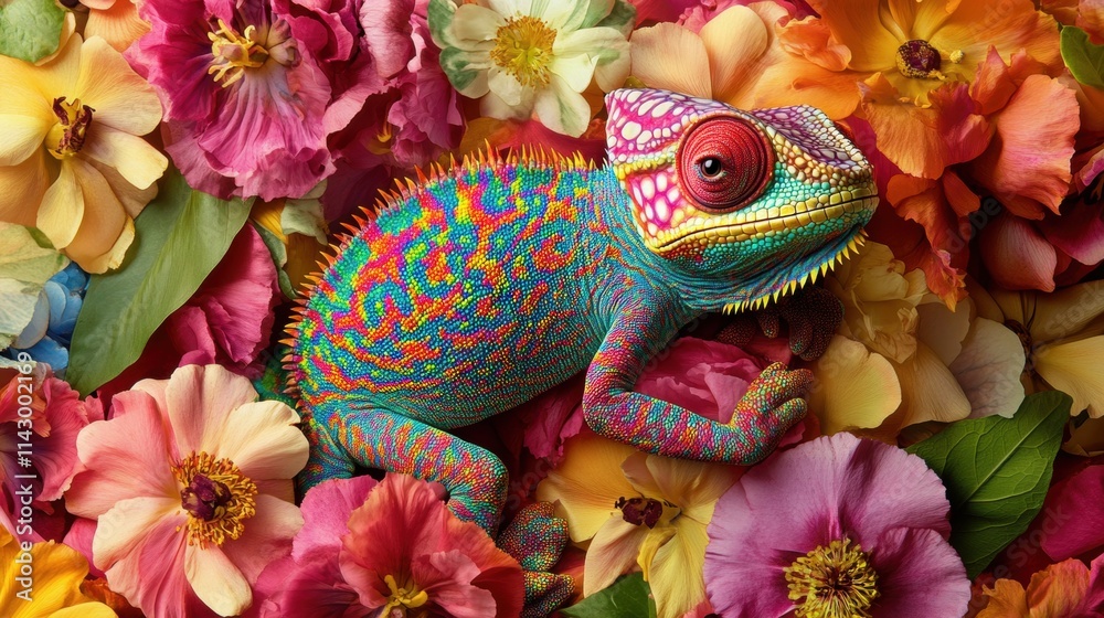 Obraz premium A chameleon displays its vivid colors while lounging amidst a variety of flowers in a well-kept garden. The bright hues enhance the natural beauty of the surroundings. Generative AI