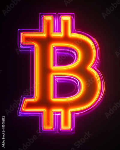 Neon orange and violet glowing Bitcoin symbol on dark background. Concept of cryptocurrency, digital finance, and blockchain technology.