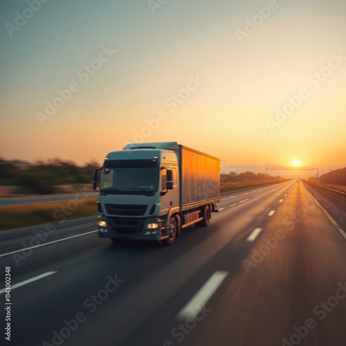 Transport truck moves swiftly on empty highway at dawn. Sunrise illuminates road. Motion blur suggests high speed. Photo highlights efficiency, reliability of modern transport. Empty highway shows