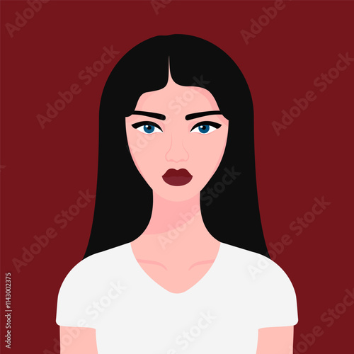 young woman illustration in white t-shirt, black long hair young girl portrait, red isolated white woman vector illustration