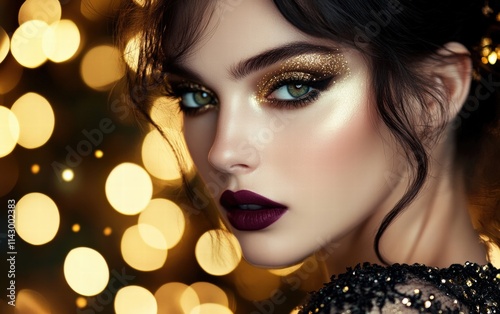 A glamorous woman with shimmering black and gold smokey eyes, glowing skin, and deep plum lips, set against a luxurious festive interior